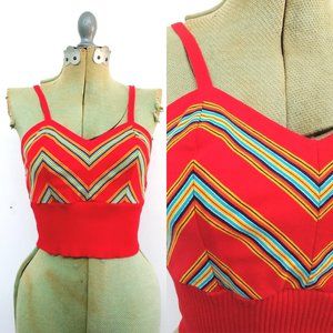 Vintage 70s Colorful Stripe Crop Top Red Groovy Knit Tank
